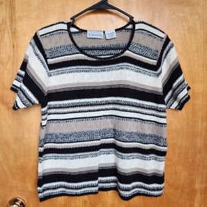 Basic Editions Women's Striped Black and Tan Short Sleeve Top